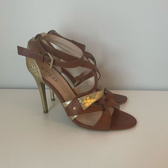 GUESS Brown Gold Snake Skin Strappy Buckle Sandals Heels Size 9.5 Shoes - Picture 1 of 14